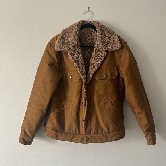 Uniqlo U Brown Sherpa Lined Faux Leather Utility Jacket Small Cozy Winter Coat